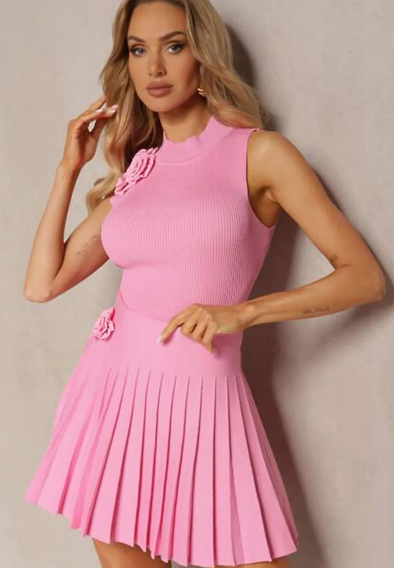 Różowy 2-Częściowy Komplet w Prążki z Ozdobnymi Kwiatami Top i Spódnica Lailawia