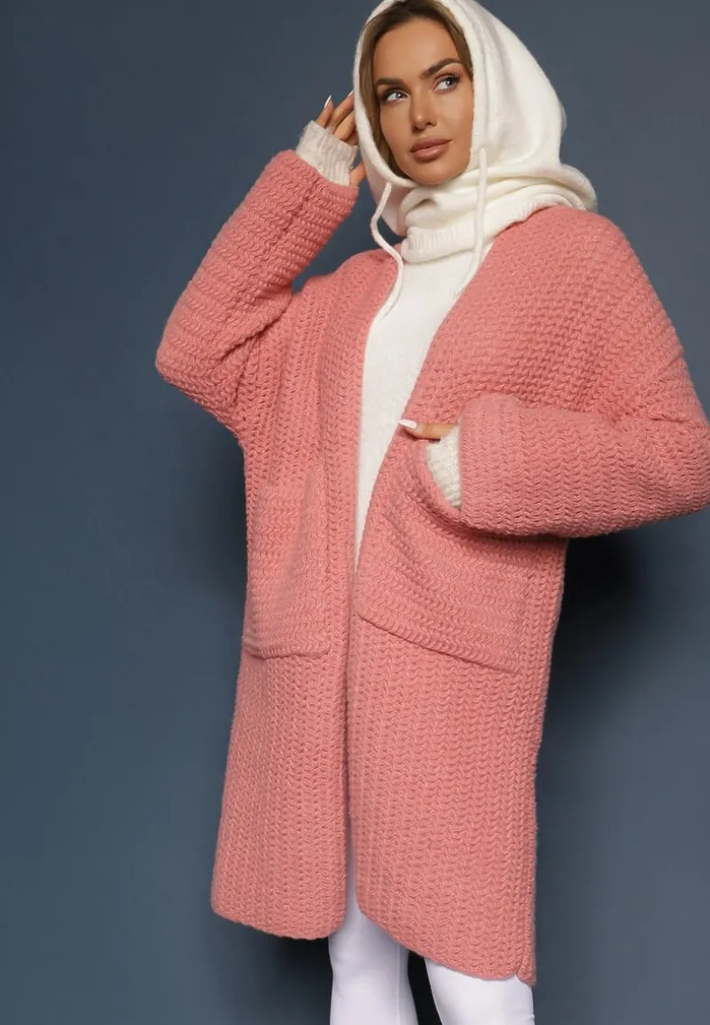 Różowy Kardigan Bez Zapięć Zdobiony Luźnym Splotem i Wsuwanymi Kieszeniami Calineth
