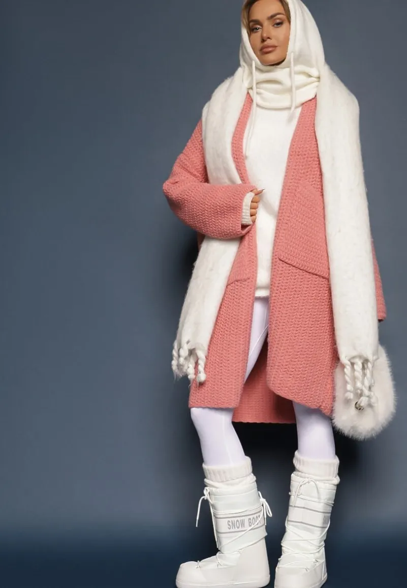 Różowy Kardigan Bez Zapięć Zdobiony Luźnym Splotem i Wsuwanymi Kieszeniami Calineth