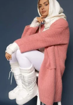 Różowy Kardigan Bez Zapięć Zdobiony Luźnym Splotem i Wsuwanymi Kieszeniami Calineth