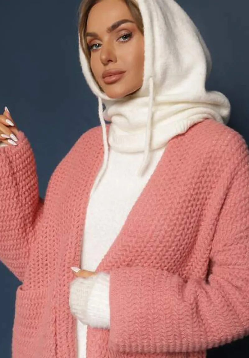 Różowy Kardigan Bez Zapięć Zdobiony Luźnym Splotem i Wsuwanymi Kieszeniami Calineth