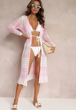 Różowy Kardigan Narzutka z Ażurowej Tkaniny z Dodatkowym Paskiem Tiffasa