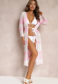 Różowy Kardigan Narzutka z Ażurowej Tkaniny z Dodatkowym Paskiem Tiffasa