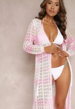 Różowy Kardigan Narzutka z Ażurowej Tkaniny z Dodatkowym Paskiem Tiffasa