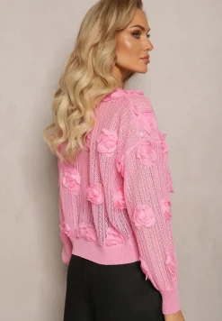 Różowy Kardigan z Ażurowym Zdobieniem w Kwiaty Barimona