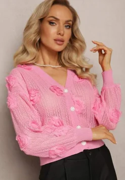 Różowy Kardigan z Ażurowym Zdobieniem w Kwiaty Barimona