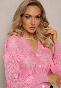 Różowy Kardigan z Ażurowym Zdobieniem w Kwiaty Barimona