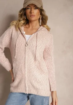 Różowy Kardigan z Kapturem Zapinany na Suwak z Dodatkiem Wełny Zinabella