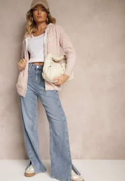 Różowy Kardigan z Kapturem Zapinany na Suwak z Dodatkiem Wełny Zinabella