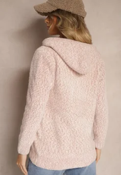 Różowy Kardigan z Kapturem Zapinany na Suwak z Dodatkiem Wełny Zinabella
