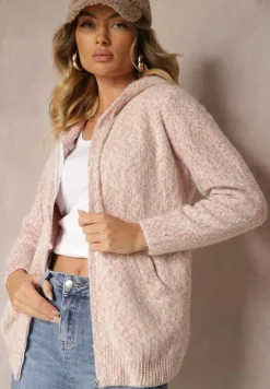 Różowy Kardigan z Kapturem Zapinany na Suwak z Dodatkiem Wełny Zinabella