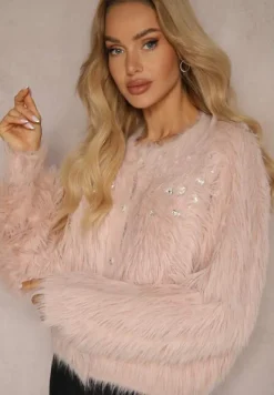 Różowy Kardigan z Kryształkami i Cienkimi Frędzlami z Dzianiny Laoniah