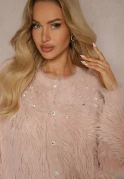 Różowy Kardigan z Kryształkami i Cienkimi Frędzlami z Dzianiny Laoniah