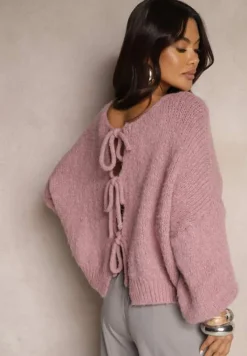 Różowy Kardigan z Wełną o Kroju Oversize z Wiązanymi Kokardami Elearina