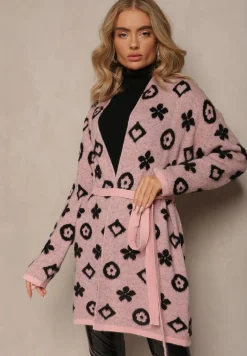 Różowy Kardigan z Wiązanym Paskiem Ozdobiony Wzorem w Kwiaty Timonen