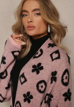 Różowy Kardigan z Wiązanym Paskiem Ozdobiony Wzorem w Kwiaty Timonen