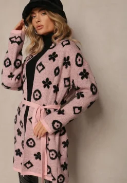 Różowy Kardigan z Wiązanym Paskiem Ozdobiony Wzorem w Kwiaty Timonen