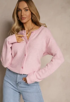 Różowy Klasyczny Kardigan z Zaokrąglonym Dekoltem Reonira
