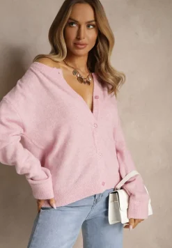 Różowy Klasyczny Kardigan z Zaokrąglonym Dekoltem Reonira