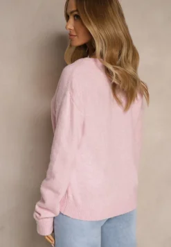 Różowy Klasyczny Kardigan z Zaokrąglonym Dekoltem Reonira