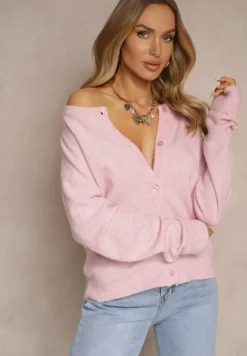 Różowy Klasyczny Kardigan z Zaokrąglonym Dekoltem Reonira