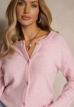 Różowy Klasyczny Kardigan z Zaokrąglonym Dekoltem Reonira
