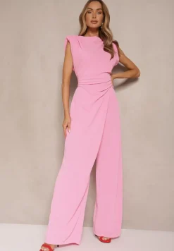 Różowy Kombinezon Bez Rękawów z Szeroką Nogawką i Marszczeniem Sepellia