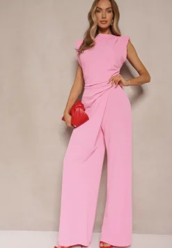 Różowy Kombinezon Bez Rękawów z Szeroką Nogawką i Marszczeniem Sepellia