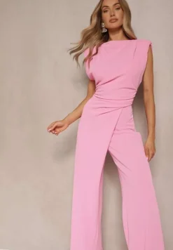 Różowy Kombinezon Bez Rękawów z Szeroką Nogawką i Marszczeniem Sepellia