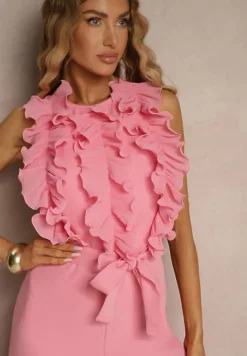 Różowy Kombinezon Koktajlowy z Żabotem Materiałowym Paskiem i Szerokimi Nogawkami Venelsea