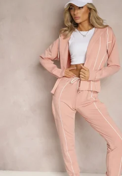 Różowy Komplet Dresowy Bluza z Kapturem i Joggery z Cienkimi Lamówkami Zivatia