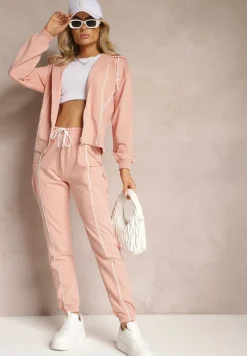 Różowy Komplet Dresowy Bluza z Kapturem i Joggery z Cienkimi Lamówkami Zivatia