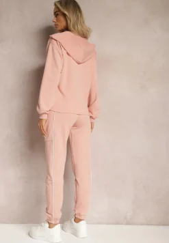 Różowy Komplet Dresowy Bluza z Kapturem i Joggery z Cienkimi Lamówkami Zivatia