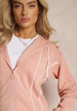 Różowy Komplet Dresowy Bluza z Kapturem i Joggery z Cienkimi Lamówkami Zivatia