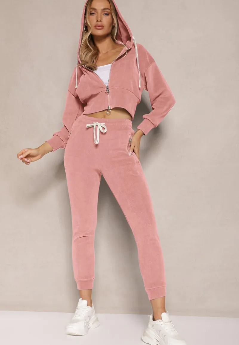 Różowy Komplet Dresowy z Bawełny Bluza z Kapturem i Spodnie Slim Inerisa