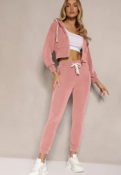 Różowy Komplet Dresowy z Bawełny Bluza z Kapturem i Spodnie Slim Inerisa