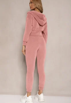 Różowy Komplet Dresowy z Bawełny Bluza z Kapturem i Spodnie Slim Inerisa