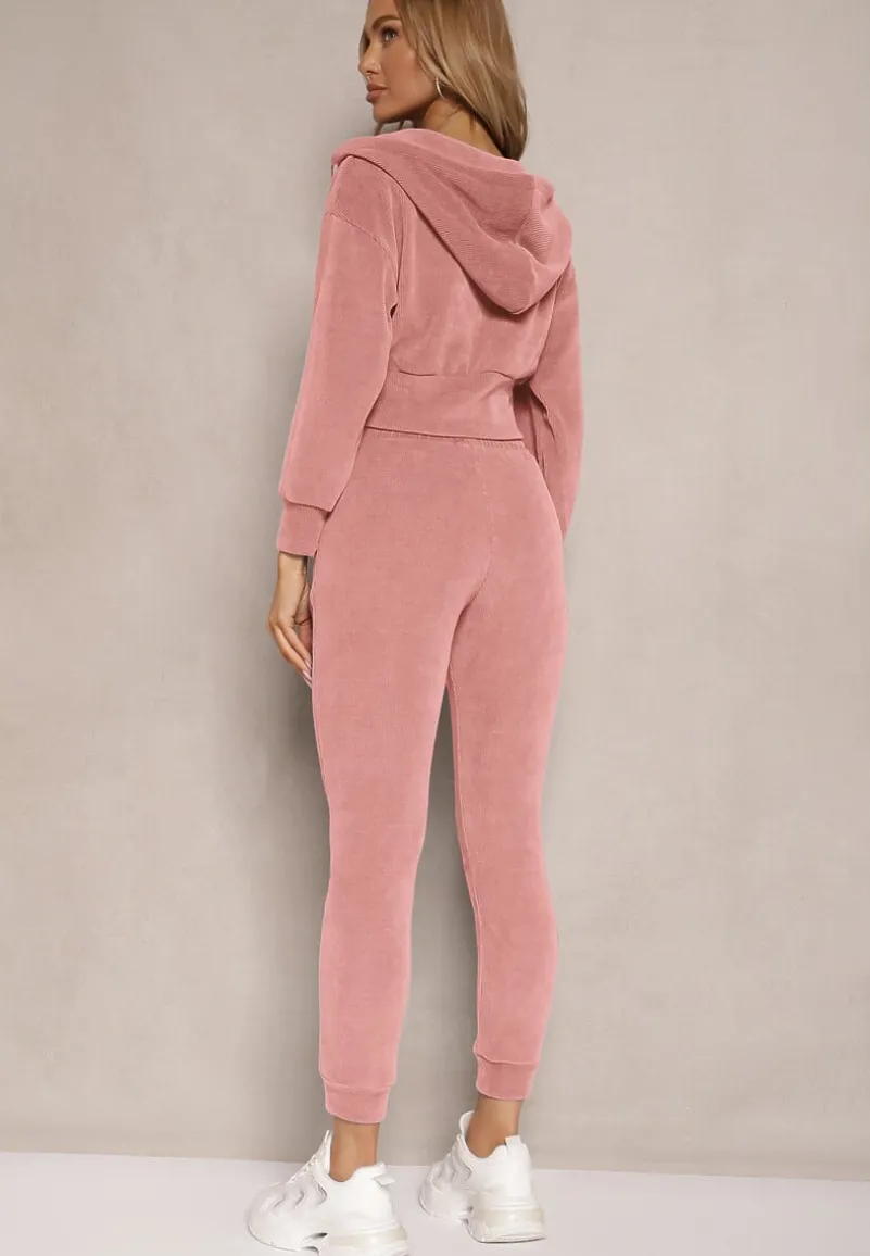 Różowy Komplet Dresowy z Bawełny Bluza z Kapturem i Spodnie Slim Inerisa