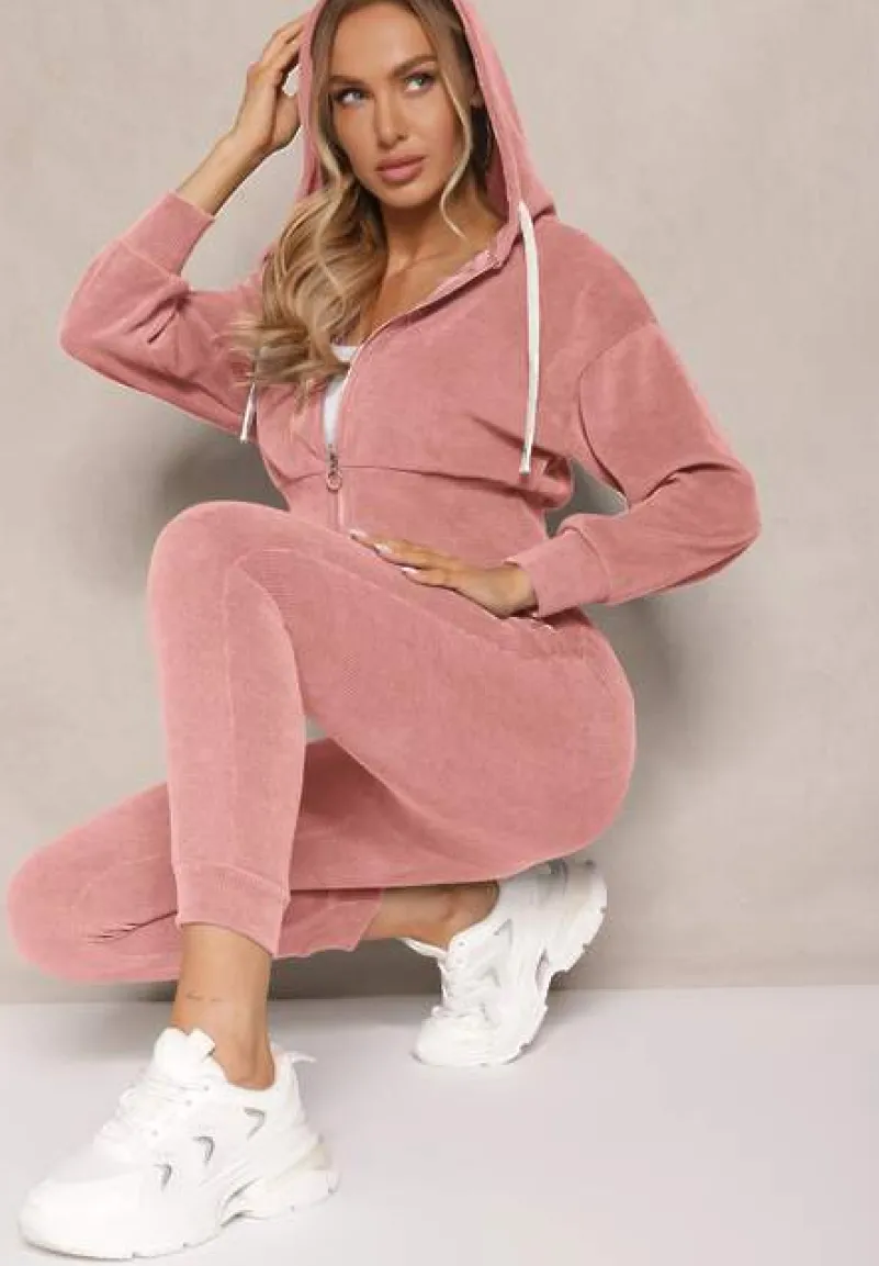 Różowy Komplet Dresowy z Bawełny Bluza z Kapturem i Spodnie Slim Inerisa