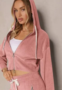 Różowy Komplet Dresowy z Bawełny Bluza z Kapturem i Spodnie Slim Inerisa