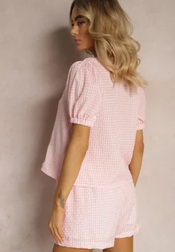 Różowy Komplet Koszula z Wiązaniem i Bufiastymi Rękawami Szorty z Gumką w Talii Lisacella