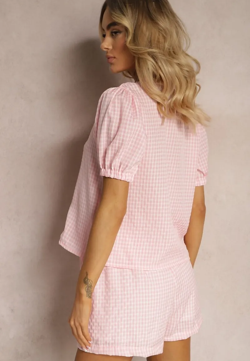 Różowy Komplet Koszula z Wiązaniem i Bufiastymi Rękawami Szorty z Gumką w Talii Lisacella