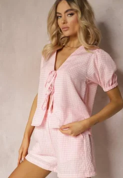 Różowy Komplet Koszula z Wiązaniem i Bufiastymi Rękawami Szorty z Gumką w Talii Lisacella