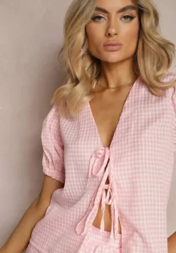 Różowy Komplet Koszula z Wiązaniem i Bufiastymi Rękawami Szorty z Gumką w Talii Lisacella