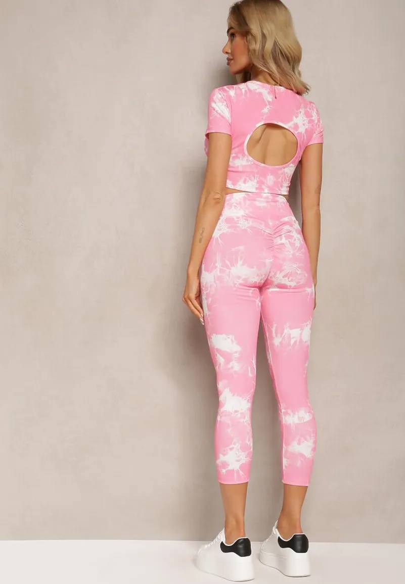 Różowy Komplet Sportowy z Printem Tie-Dye z Koszulką Cropped i Legginsami Davenia