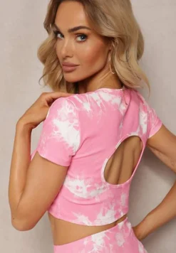 Różowy Komplet Sportowy z Printem Tie-Dye z Koszulką Cropped i Legginsami Davenia