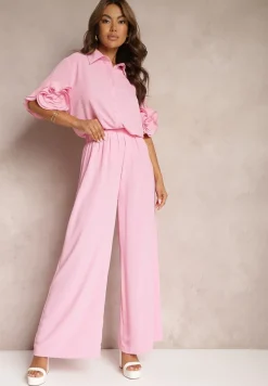 Różowy Komplet Szerokie Spodnie i Koszula z Falbanami Rivathins