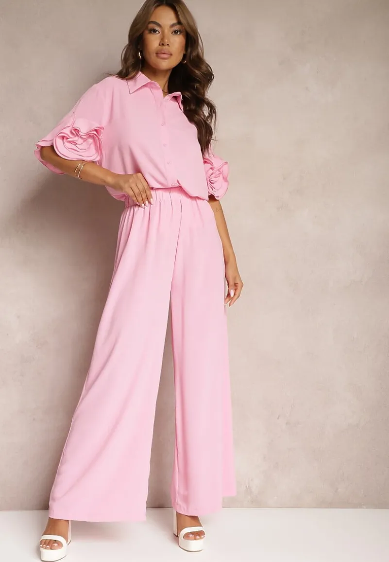 Różowy Komplet Szerokie Spodnie i Koszula z Falbanami Rivathins