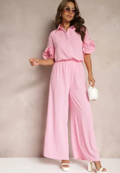 Różowy Komplet Szerokie Spodnie i Koszula z Falbanami Rivathins