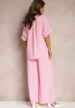 Różowy Komplet Szerokie Spodnie i Koszula z Falbanami Rivathins
